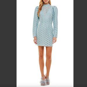 WAYF: Elan Metallic Lace Mini Dress - Powder Blue